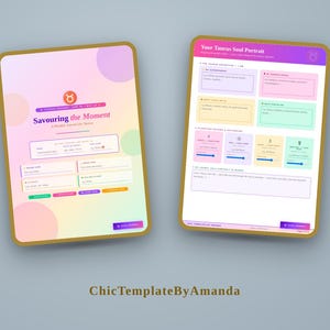 Könnte beinhalten: Zwei digitale Journal-Seiten mit abgerundeten Ecken und goldenen Rändern. Die linke Seite trägt den Titel Savouring the Moment, A Mindful Journal for Taurus. Die rechte Seite ist mit Your Taurus Soul Portrait betitelt und enthält Reflexionsbereiche.