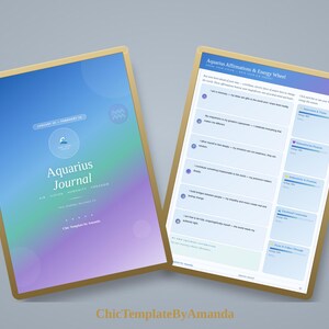 May include: An Aquarius Journal with a blue, green, and purple gradient cover featuring the text Aquarius Journal, January 20 - February 18, and an energy wheel page with affirmations and progress bars for various energy levels and personal traits.
