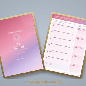Peut inclure: Un modèle de journal numérique Libra avec une couverture dégradée rose et violette affichant le texte Libra Journal et une icône de balance. La deuxième page présente Libra Affirmations and Energy Wheel avec des listes et des barres.