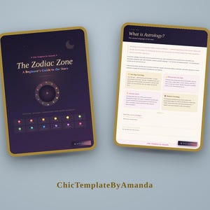 May include: Two digital pages of a guide titled The Zodiac Zone: A Beginner's Guide to the Stars. The left page features a dark purple background with a circular zodiac wheel and colorful icons. The right page contains text explaining astrology.