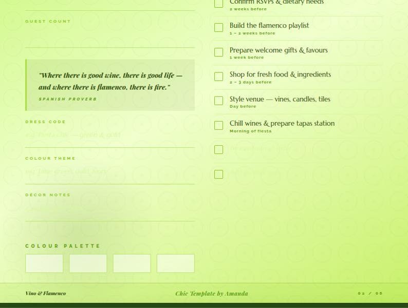 May include: A lime green event planning template featuring a checklist with tasks like Build the flamenco playlist and Shop for fresh food & ingredients. It includes sections for guest count, dress code, and a quote: Where there is good wine, there is good life.