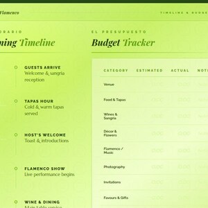 May include: A lime green event planning template titled Vino & Flamenco featuring an Evening Timeline with sections for Guests Arrive, Tapas Hour, Host's Welcome, Flamenco Show, and Wine & Dining, alongside a Budget Tracker with columns for Category, Estimated, Actual, and Notes.