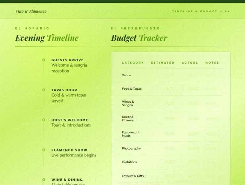 May include: A lime green event planning template titled Vino & Flamenco featuring an Evening Timeline with sections for Guests Arrive, Tapas Hour, Host's Welcome, Flamenco Show, and Wine & Dining, alongside a Budget Tracker with columns for Category, Estimated, Actual, and Notes.