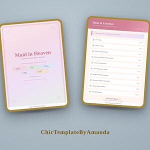 Könnte beinhalten: Zwei digitale Seiten eines Haushaltsmanagement-Ordners mit einem rosa-weißen Farbverlaufshintergrund. Die linke Seite trägt den Titel Maid in Heaven Home Management Binder. Die rechte Seite zeigt ein Inhaltsverzeichnis mit nummerierten Abschnitten.