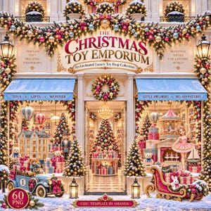 May include: A storefront titled The Christmas Toy Emporium with festive garlands, ornaments, and lights. The display features a vintage car, teddy bears, a nutcracker, a carousel, a ballerina figurine, and a sleigh filled with wrapped gifts.