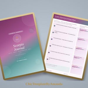 Könnte beinhalten: Ein Skorpion-Journal mit einem violett-türkisfarbenen Farbverlauf-Cover, das den Text Scorpio Journal, Water, Power, Transformation, Soul und October 23 - November 22 enthält. Die Innenseite zeigt Scorpio Affirmations & Energy Wheel.