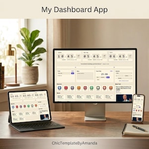 May include: A digital dashboard interface displayed on a computer monitor, a tablet with a keyboard, and a smartphone. The screen shows widgets for world clocks, to-do lists, notes, a focus timer, unit converters, shortcuts, and stock market data.