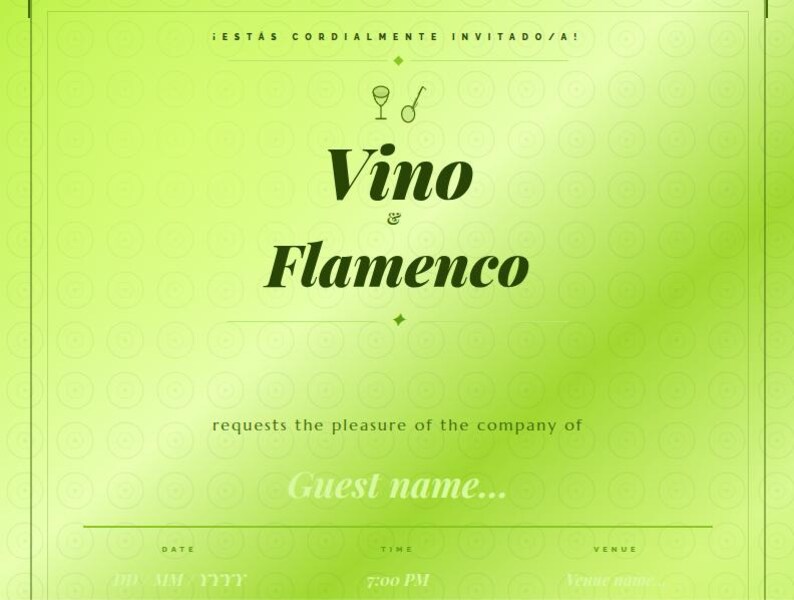 May include: A lime green invitation card featuring the text Vino & Flamenco in dark green font. The design includes small icons of a wine glass and a fan, with blank lines for guest name, date, time, and venue details printed in a light green.