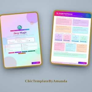 Könnte beinhalten: Zwei digitale Journal-Seiten mit einem Farbverlauf-Hintergrund und dem Text Deep Magic An Astrology Journal for Scorpio Souls. Die Seiten enthalten Abschnitte für Geburtsdaten, planetare Blaupausen und Seelenporträts mit farbigen Feldern.