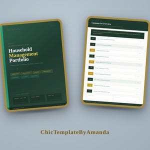 May include: A digital household management portfolio template with a dark green background and gold borders. The left page displays the title Household Management Portfolio, while the right page shows a Contents and Overview list with numbered sections.