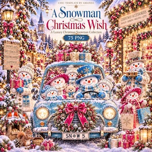 Könnte beinhalten: Eine digitale Grafik mit dem Titel A Snowman Christmas Wish, die ein blaues Auto mit einer großen rosa Schleife und einem Kranz zeigt, umgeben von Schneemännern in Winterkleidung, Geschenken und festlicher Beleuchtung in einem verschneiten Dorf.