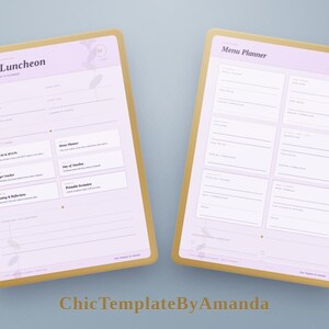 May include: Two rectangular event planning sheets with a light lilac background and gold borders. The left sheet is titled Lilac Luncheon and includes sections for guest lists and budget. The right sheet is titled Menu Planner with six meal slots.