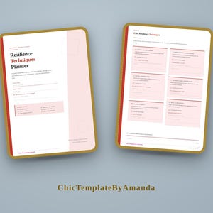 Puede incluir: Dos páginas de un planificador de técnicas de resiliencia con fondo blanco, detalles en rosa suave y bordes dorados. El texto incluye Resilience Techniques Planner, Core Resilience Techniques y varias indicaciones de reflexión.