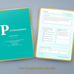 Może przedstawiać: Turkusowy dziennik perimenopauzy ze złotą obwódką. Okładka zawiera napis Perimenopause Journal oraz linię na imię. Otwarta strona zawiera notatkę powitalną, instrukcje użytkowania dziennika oraz sekcje przeznaczone na zapisywanie intencji.