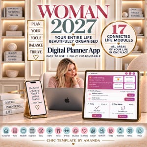 以下が含まれることがあります： スマートフォンとタブレットに表示されたWoman 2027というデジタルプランナーアプリ。インターフェースには17の接続されたライフモジュール、タスク管理、ウェルネス追跡機能が含まれています。テキストにはPlan Your Focus、Balance、Thrive、Chic Template by Amandaが含まれます。