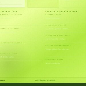 May include: A bright lime green planning template featuring sections for Bar & Drinks List and Service & Presentation. The document includes fields for sangria recipes, wine selections, catering details, table decor, and dietary accommodations, with Vino & Flamenco text.