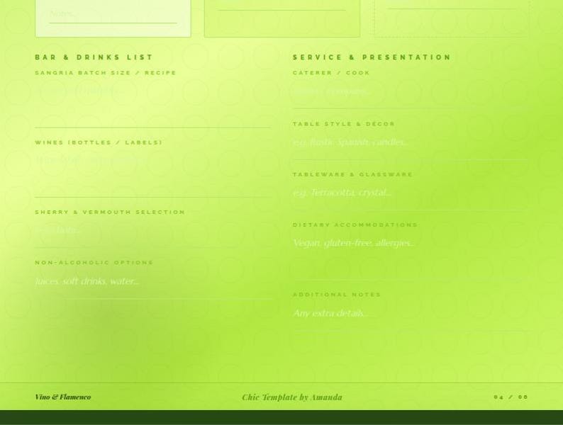May include: A bright lime green planning template featuring sections for Bar & Drinks List and Service & Presentation. The document includes fields for sangria recipes, wine selections, catering details, table decor, and dietary accommodations, with Vino & Flamenco text.