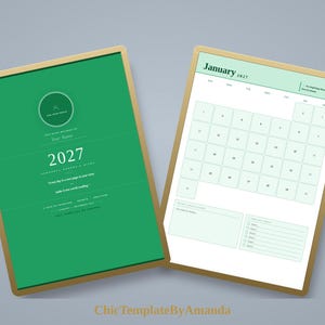 May include: A 2027 personal planner and diary with a solid green cover featuring gold-toned edges and white text. The interior page displays a January 2027 calendar grid with a light green header, a notes section, and a monthly habit tracker list.