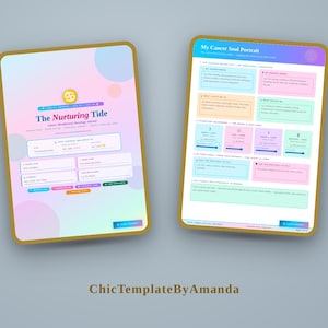 Könnte beinhalten: Zwei digitale Journal-Seiten mit einem pastellfarbenen Hintergrundverlauf. Die linke Seite trägt den Titel The Nurturing Tide und enthält Felder für persönliche Informationen und astrologische Details. Die rechte Seite trägt den Titel My Cancer Soul Portrait mit Abschnitten für emotionale Landschaften, Wachstumsziele und kosmische Selbstporträt-Prompts.