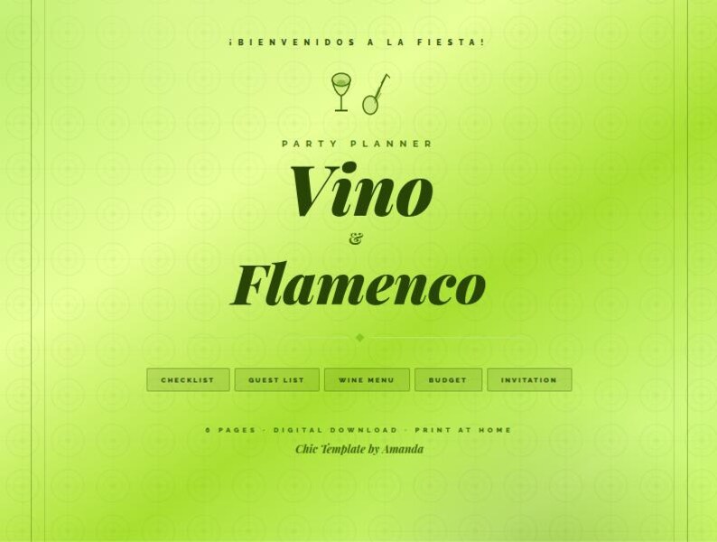 May include: A lime green digital party planner template titled Vino & Flamenco. The document includes sections for a checklist, guest list, wine menu, budget, and invitation. It features icons of a wine glass and a fan, with text indicating 8 pages.