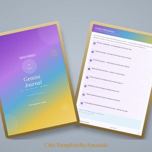 May include: A Gemini Journal with a purple, blue, and yellow gradient cover featuring the text Gemini Journal and a list of Gemini Affirmations on the interior page. The design includes a gold border and a list of eight numbered positive statements.