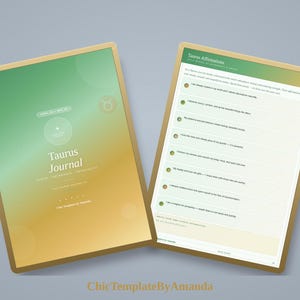 Peut inclure: Un modèle de journal numérique Taureau avec une couverture dégradée vert et or portant le texte Taurus Journal, April 20 - May 20, et une seconde page affichant Taurus Affirmations avec une liste de déclarations positives quotidiennes.