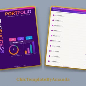 May include: A two-page personal growth and career journal titled The Success Portfolio. The left page features a purple background with a progress dashboard, achievement charts, and the text The Success. The right page shows a white contents list.