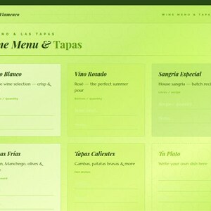 May include: A lime green menu template titled Vino & Flamenco Wine Menu & Tapas. The layout features sections for Vino Blanco, Vino Rosado, Sangria Especial, Tapas Fr&iacute;as, Tapas Calientes, and Tu Plato with blank lines for writing in specific items.