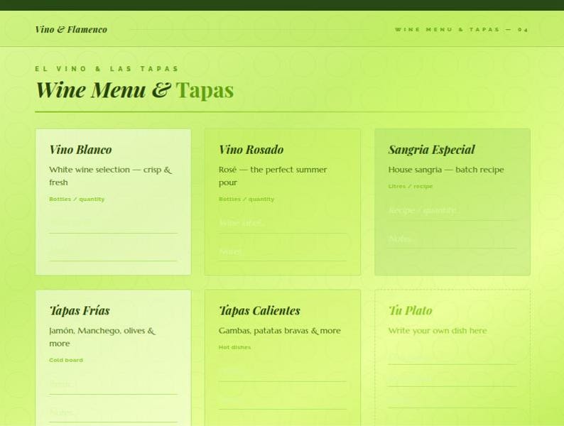 May include: A lime green menu template titled Vino & Flamenco Wine Menu & Tapas. The layout features sections for Vino Blanco, Vino Rosado, Sangria Especial, Tapas Fr&iacute;as, Tapas Calientes, and Tu Plato with blank lines for writing in specific items.