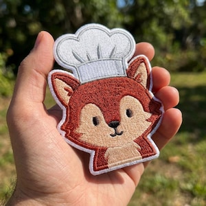 Baby Fox Chef Embroidered Patch, Cute Cooking Fox Iron On Patch, Kawaii Baker Fox Badge, Foodie Gift for Animal Lovers