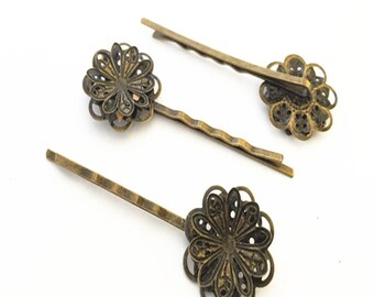 15pcs antique bronze flower cap hair clips/hair pins 23mmx59mm