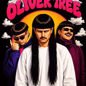 May include: A black t-shirt featuring the text OLIVER TREE in pink bubble letters at the top. The graphic shows three figures with bowl cut hairstyles against a yellow circle and white clouds. The central figure wears a white long-sleeve shirt.
