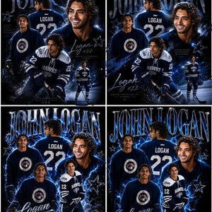 May include: A collage featuring a hockey player named John Logan. The design includes multiple images of the player in a blue and white uniform, with the name "Logan" and the number "22" prominently displayed. The background has a dark, electric blue theme.
