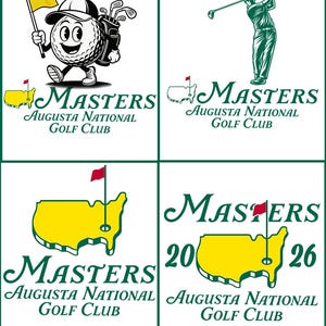 May include: A collection of Masters Tournament logos. The logos feature a golf ball character, a golfer swinging a club, and the outline of the state of Georgia with a flag. The text "MASTERS Augusta National Golf Club" is included.