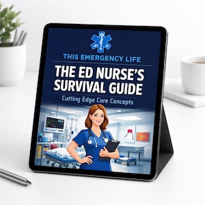 Op de afbeelding: Een tablet toont de cover van "The ED Nurse's Survival Guide". De cover toont een cartoonverpleegster in blauwe scrubs, een medisch symbool en de tekst "This Emergency Life". De achtergrond toont een ziekenhuiskamer.