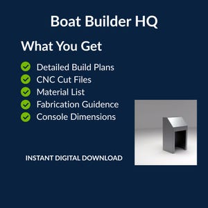 May include: A digital graphic on a dark blue background titled Boat Builder HQ. It lists items included: Detailed Build Plans, CNC Cut Files, Material List, Fabrication Guidance, and Console Dimensions. A 3D rendering of a gray boat console is shown.