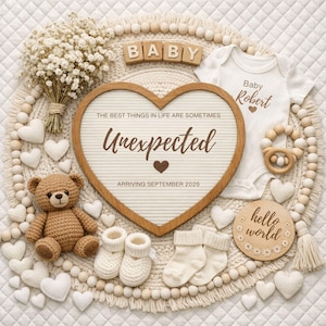 Unexpected Baby Announcement 2026 | White Boho Heart Pregnancy Reveal | Editable Canva Template | Gender Neutral Social Media