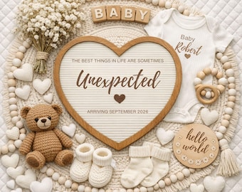 Unexpected Baby Announcement 2026 | White Boho Heart Pregnancy Reveal | Editable Canva Template | Gender Neutral Social Media