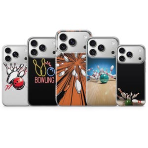 May include: Five clear smartphone cases featuring various bowling-themed designs. The designs include a red bowling ball hitting pins, a neon yellow bowling sign, an orange comic-style pin explosion, a realistic lane strike, and pins falling on black.