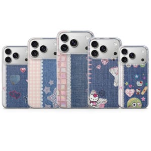 May include: Five smartphone cases featuring blue denim textures, lace trim, and various decorative elements including Hello Kitty graphics, pink hearts, stars, and checkered patterns. Each case has a clear camera cutout area for a triple lens system.