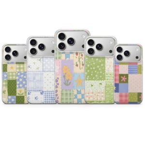 May include: Five clear smartphone cases arranged in a row, each featuring a distinct patchwork design. The patterns include various squares with floral motifs, stars, strawberries, and checkered prints in soft pastel shades of green, blue, and pink.