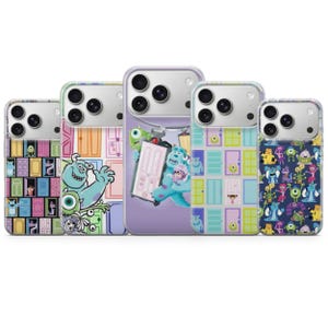 May include: Five phone cases featuring characters and scenes from the animated film Monsters, Inc. The cases display colorful designs with images of Mike Wazowski, James P. Sullivan, and other characters. The cases have a clear, protective design.