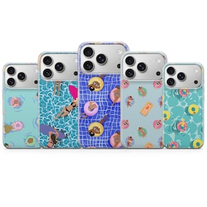 May include: Five smartphone cases arranged in a row, each featuring a unique pattern of people swimming or floating in a pool. The designs include various pool floats, surfboards, and water textures in shades of blue, pink, yellow, and orange.