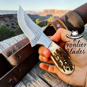 Handgefertigt aus Rasp Steel Cowboymesser, Rehgeweih Griff, Pancake Lederscheide Jubiläumsgeschenk