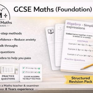 Puede incluir: Tarjetas de revisión de Matemáticas GCSE (Foundation). Las tarjetas incluyen métodos paso a paso, tutoriales en vídeo y preguntas de práctica. Están diseñadas para generar confianza y reducir la ansiedad. Creadas por un profesor de matemáticas con más de 8 años de experiencia.