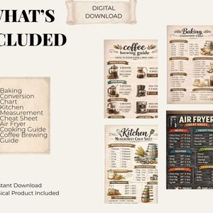K&ouml;nnte beinhalten: Digitaler Download mit Kochratgebern und Tabellen. Enth&auml;lt eine Backumrechnungstabelle, eine K&uuml;chen-Ma&szlig;tabellen-Spickzettel, eine Airfryer-Kochanleitung und eine Kaffeezubereitungsanleitung. Das Bild enth&auml;lt den Text "What's Included" und "Digital Download".