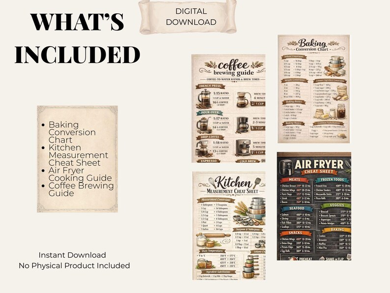 K&ouml;nnte beinhalten: Digitaler Download mit Kochratgebern und Tabellen. Enth&auml;lt eine Backumrechnungstabelle, eine K&uuml;chen-Ma&szlig;tabellen-Spickzettel, eine Airfryer-Kochanleitung und eine Kaffeezubereitungsanleitung. Das Bild enth&auml;lt den Text "What's Included" und "Digital Download".
