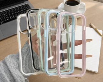 Elegante custodia per iPhone con retro trasparente, cornice color caramella, paraurti antiurto, cover protettiva alla moda.
