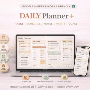 May include: A laptop and smartphone showing a digital planner interface. The screen displays a daily planner with sections for tasks, schedule, notes, habits, and goals. The image also includes icons for to-do lists, schedule, water intake, and habit tracking.