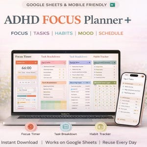ADHS Digitaler Planer | Pomodoro Timer, Aufgabenaufschlüsselung, Brain Dump, Habit Tracker, Mood Log & EXP Reward System | Sofort Download